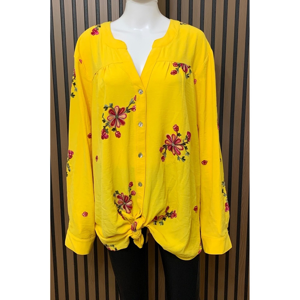 Fig and Flower Yellow Floral Embroidered Tie Front Blouse Top 3X Boho Sleeve